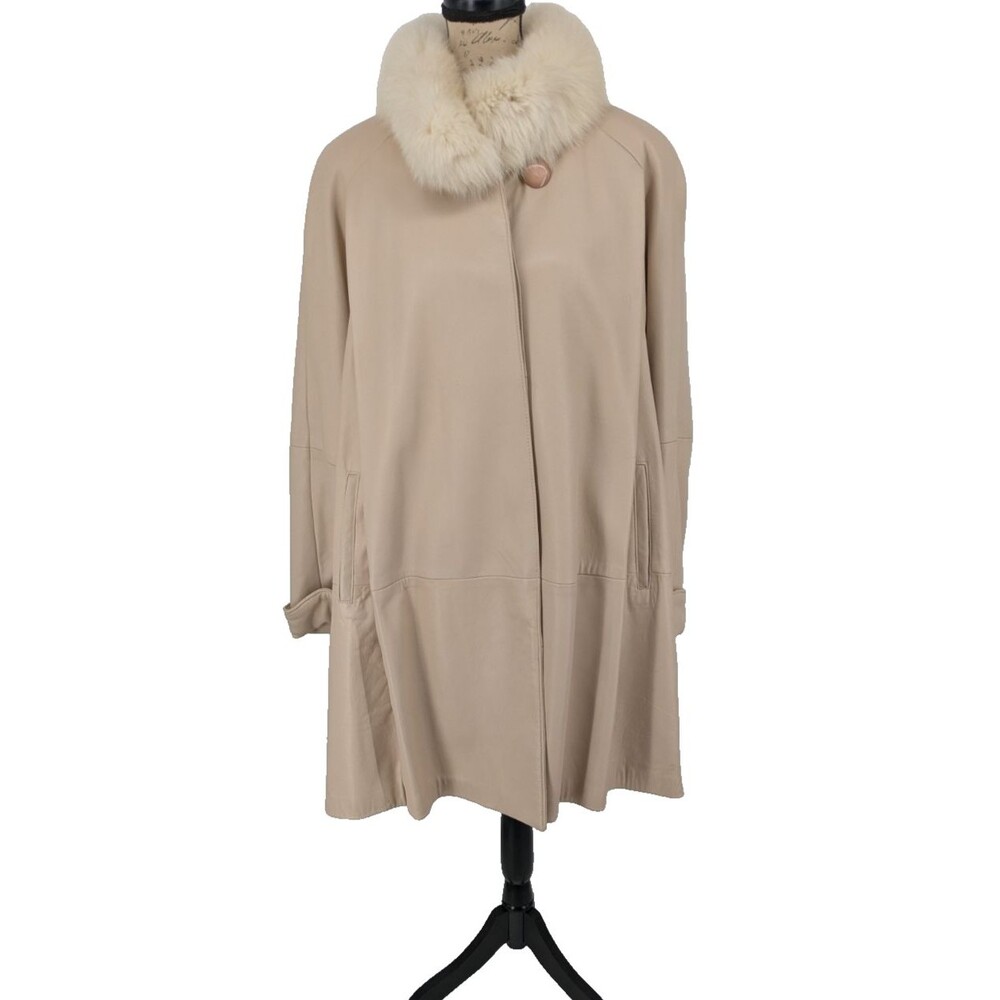 Vintage Leather Coat Fur Collar Taupe SIZE L Old Money USA Retro Minimalist